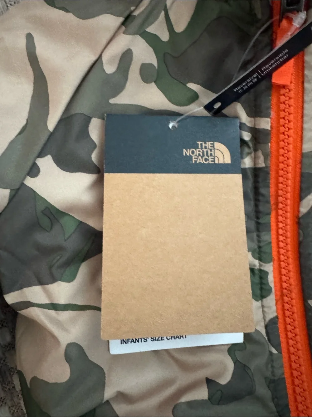 The North Face Olive Green/camo reversible Puffer Jacket with Orange Accents